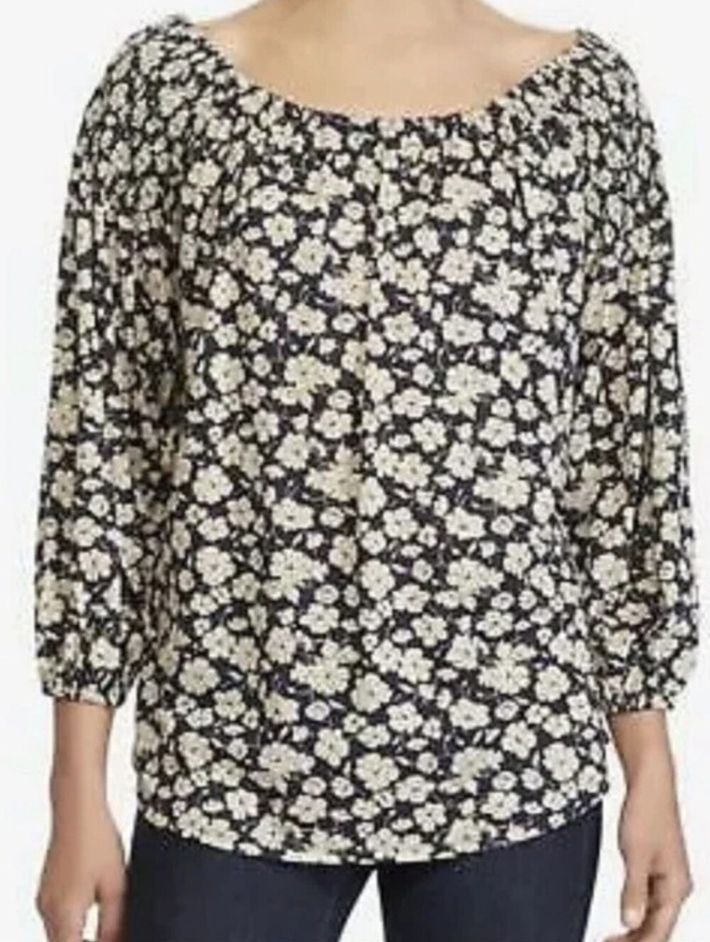 Lauren Ralph Lauren Cotton Modal Cream Navy Smocked Floral Top Plus Size 2x